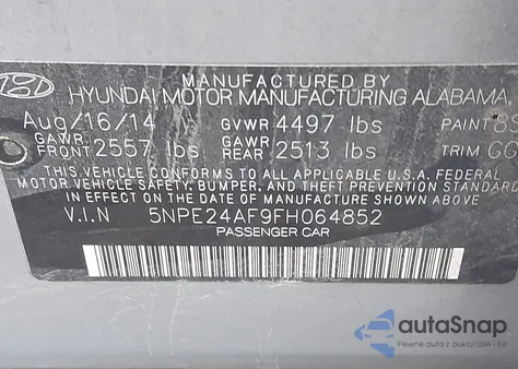 2015 Hyundai Sonata Se from USA, damaged, VIN 5NPE24AF9FH064852